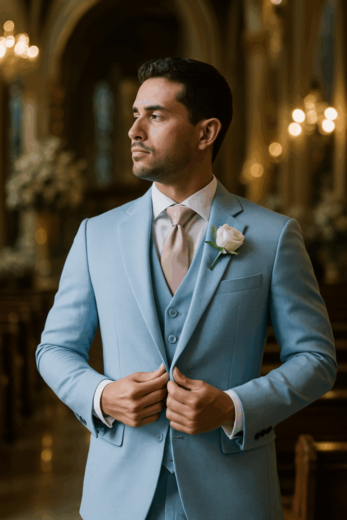 Fotografia de um noivo elegante no interior de uma igreja, ajustando seu terno azul claro completo com colete, gravata rosa e flor branca na lapela. Excelente opção para aluguel de terno para noivo em Curitiba.