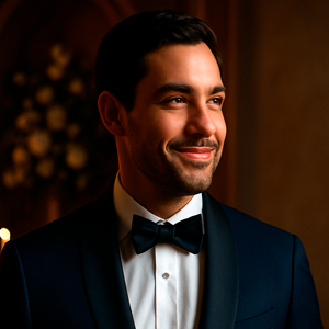 Fotografia de um noivo feliz em seu casamento, vestindo um sofisticado smoking azul-marinho com lapela e gravata borboleta pretas. Ao fundo, um ambiente noturno desfocado com luzes quentes e decoração floral. A melhor escolha para aluguel de terno para noivo em Curitiba.