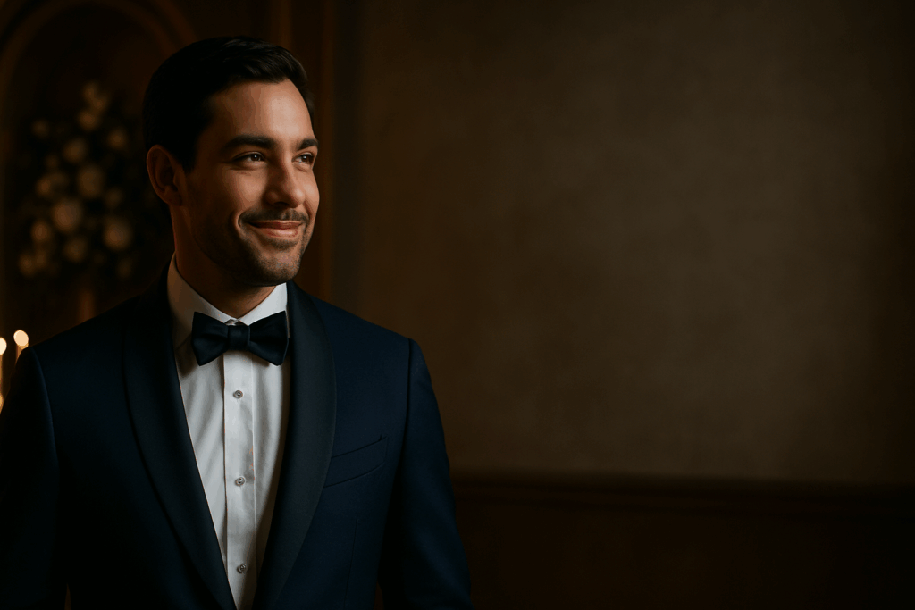 Fotografia de um noivo sorridente em seu casamento, vestindo um sofisticado smoking azul-marinho com lapela e gravata borboleta pretas. Ao fundo, um ambiente noturno desfocado com luzes quentes e decoração floral. A escolha ideal para aluguel de terno para noivo em Curitiba.