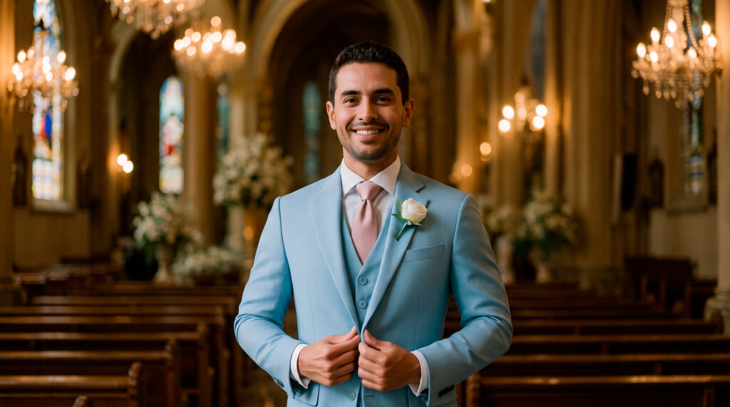 Noivo sorridente no corredor da igreja vestindo um elegante terno azul claro de três peças com gravata rosa. Serviço especializado de aluguel de trajes para noivos em Curitiba.