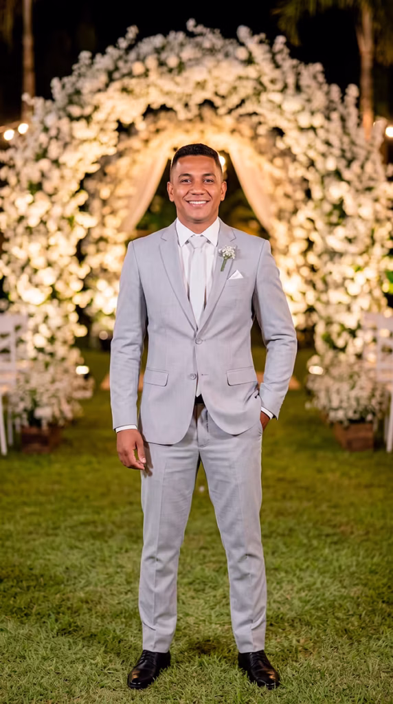 Fotografia de um padrinho de casamento sorridente posando ao ar livre à noite, em frente a um luxuoso arco de flores iluminado. Ele veste um elegante terno cinza claro de corte slim com gravata clara e sapatos pretos. A escolha perfeita de aluguel de trajes para padrinhos em Curitiba.