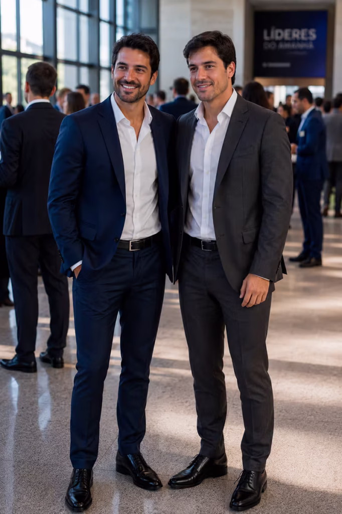 aluguel-de-traje-social-em-curitiba-evento-corporativo Dois executivos sorridentes em um congresso corporativo. Eles vestem ternos slim elegantes sem gravata, nas cores azul marinho e cinza escuro. A escolha certa para quem busca aluguel de traje social em Curitiba para eventos de negócios.