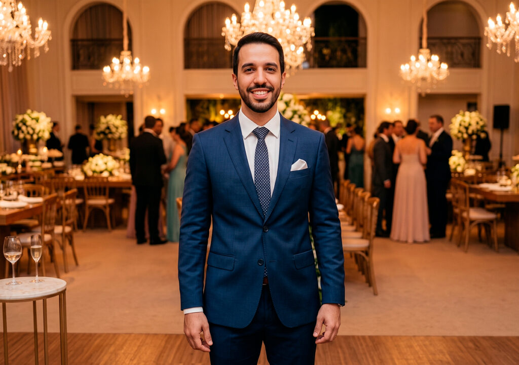 aluguel-de-traje-social-em-curitiba-terno-azul Homem sorridente em um luxuoso salão de festas vestindo um terno azul moderno com gravata de poá. A escolha certa para quem procura aluguel de traje social em Curitiba.