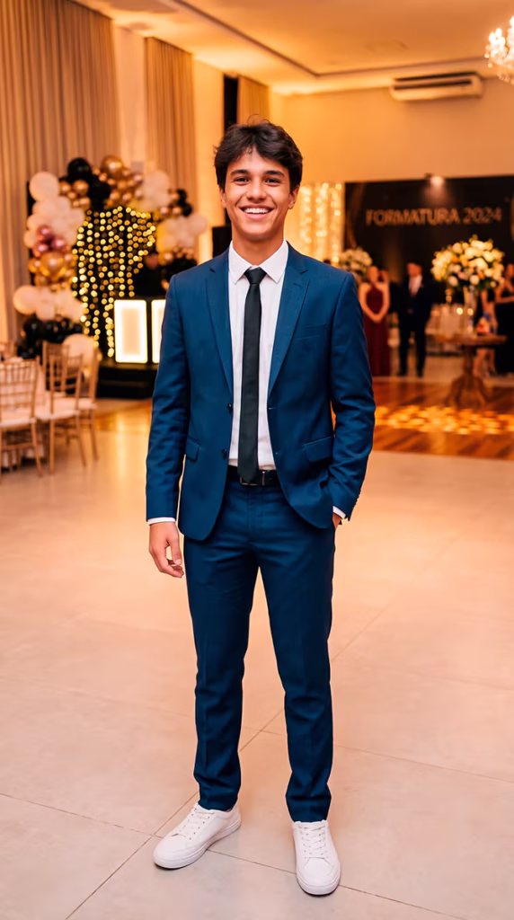 aluguel-terno-azul-formatura-curitiba Jovem formando sorridente usando um terno slim azul com gravata preta e tênis branco casual. Ao fundo, decoração de festa com letreiro de Formatura. Especialistas em aluguel de ternos modernos para formandos em Curitiba.