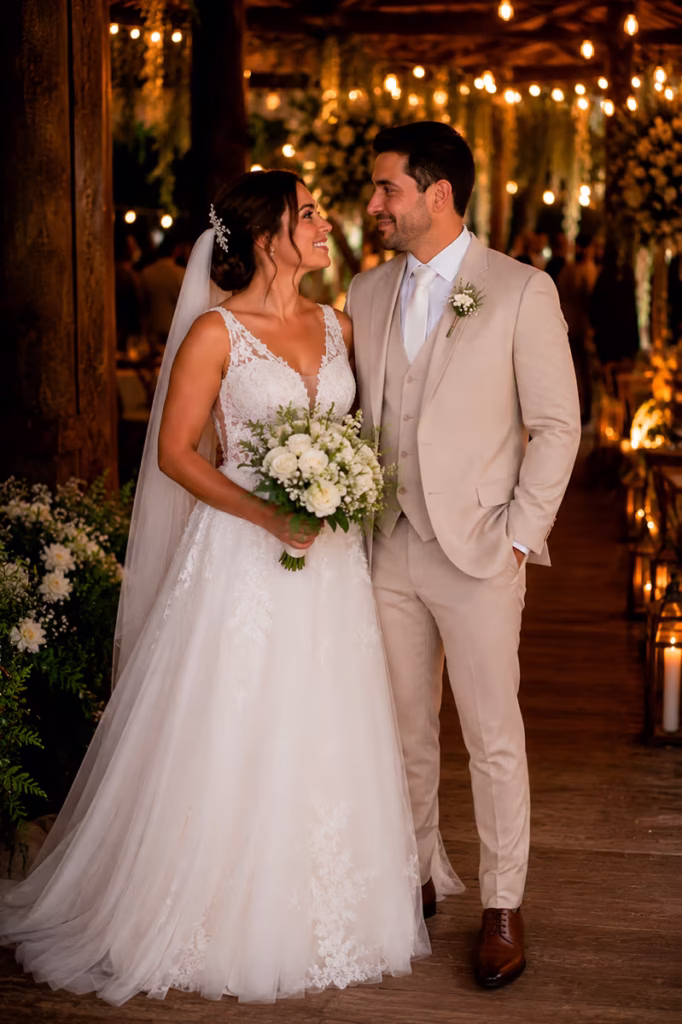 Noiva e noivo sorrindo um para o outro em um lindo cenário de casamento rústico com luzes quentes. O noivo veste um elegante terno bege completo com colete e gravata branca. Especialistas em aluguel de terno para noivo em Curitiba.