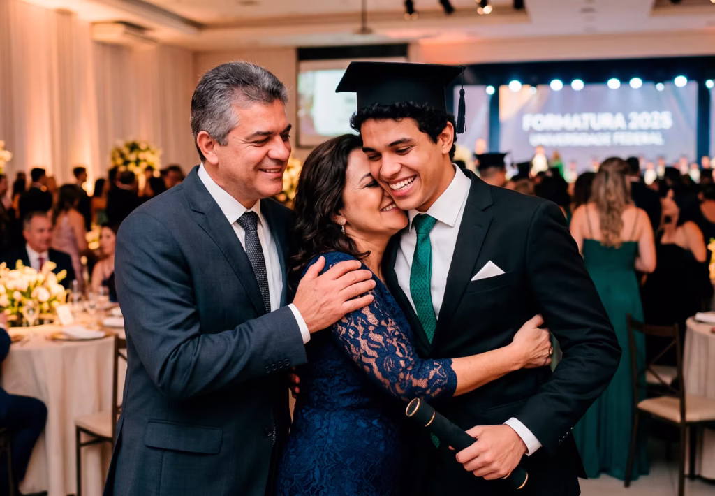 aluguel-ternos-formatura-pai-e-filho-curitiba Jovem formando usando terno preto, gravata verde e capelo, abraçando seus pais emocionados na colação de grau. O pai veste um terno escuro elegante com gravata texturizada. Aluguel de trajes sociais para formandos e familiares em Curitiba.