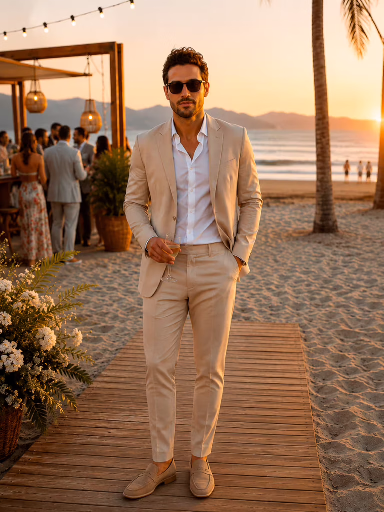 aluguel-terno-areia-casamento-de-dia-praia-curitiba Homem sofisticado de óculos escuros caminhando em um deck de madeira na praia ao pôr do sol. Ele veste um terno cor areia impecável, camisa branca sem gravata e mocassim. Referência em estilo e aluguel de trajes leves para casamentos na praia e eventos de dia na Ternos Curitiba.