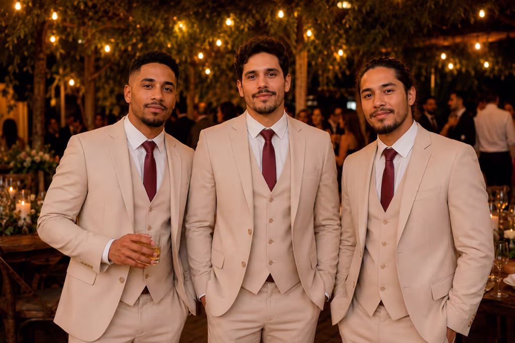 Três padrinhos de casamento posando juntos em um evento noturno, vestindo terno bege completo com colete e gravata marsala. A escolha definitiva em aluguel de terno para padrinhos em Curitiba para garantir padronização e caimento perfeito.